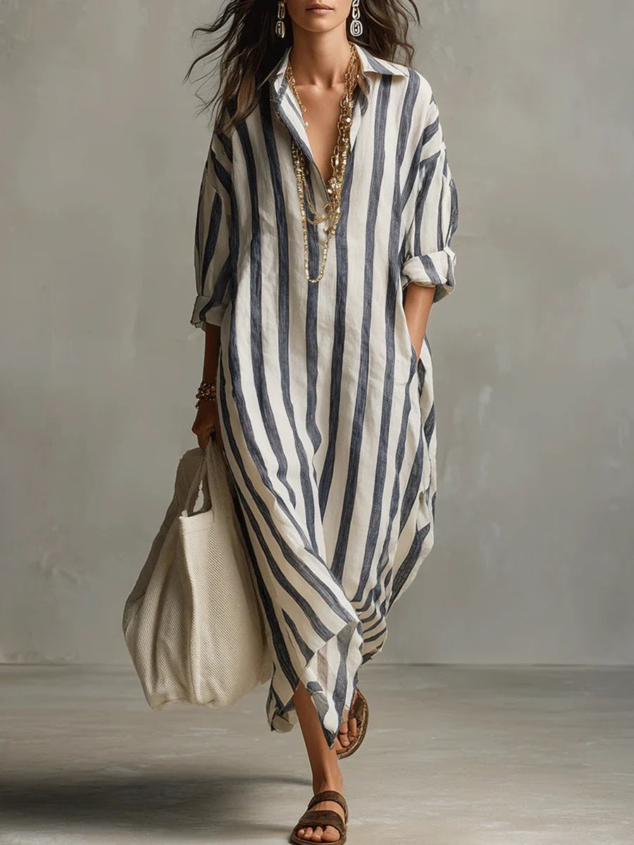 Casual Stripe Shirt Dress With V Neck And Nine Points Sleeve, Made Of Comfortable Polyester Fabric