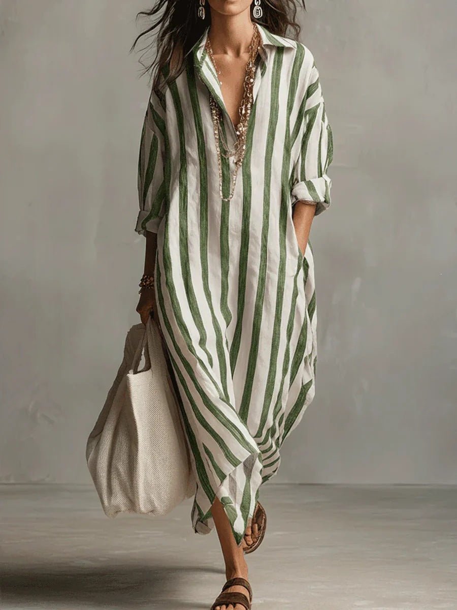 Casual Stripe Shirt Dress With V Neck And Nine Points Sleeve, Made Of Comfortable Polyester Fabric