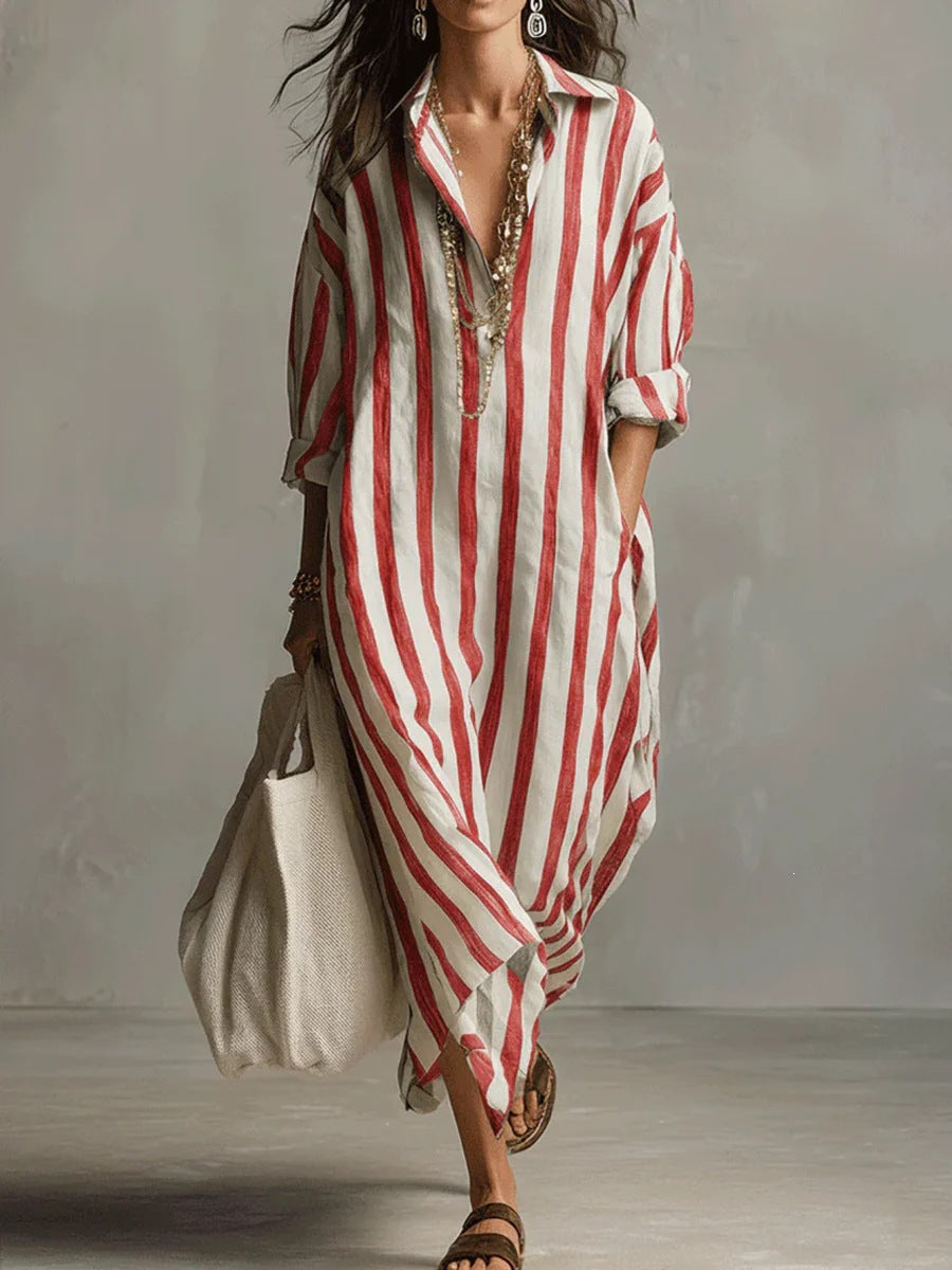 Casual Stripe Shirt Dress With V Neck And Nine Points Sleeve, Made Of Comfortable Polyester Fabric