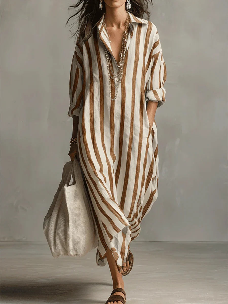 Casual Stripe Shirt Dress With V Neck And Nine Points Sleeve, Made Of Comfortable Polyester Fabric