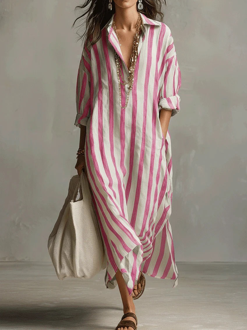 Casual Stripe Shirt Dress With V Neck And Nine Points Sleeve, Made Of Comfortable Polyester Fabric