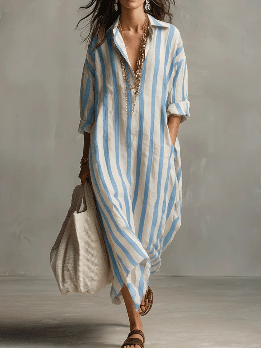 Casual Stripe Shirt Dress With V Neck And Nine Points Sleeve, Made Of Comfortable Polyester Fabric