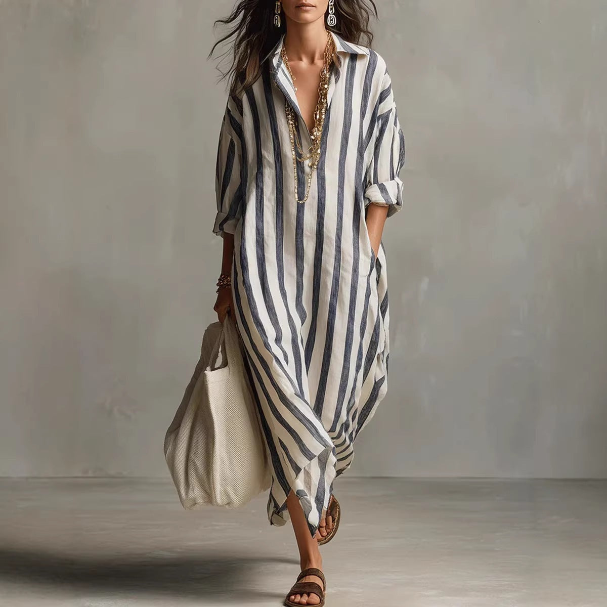 Casual Stripe Shirt Dress With V Neck And Nine Points Sleeve, Made Of Comfortable Polyester Fabric