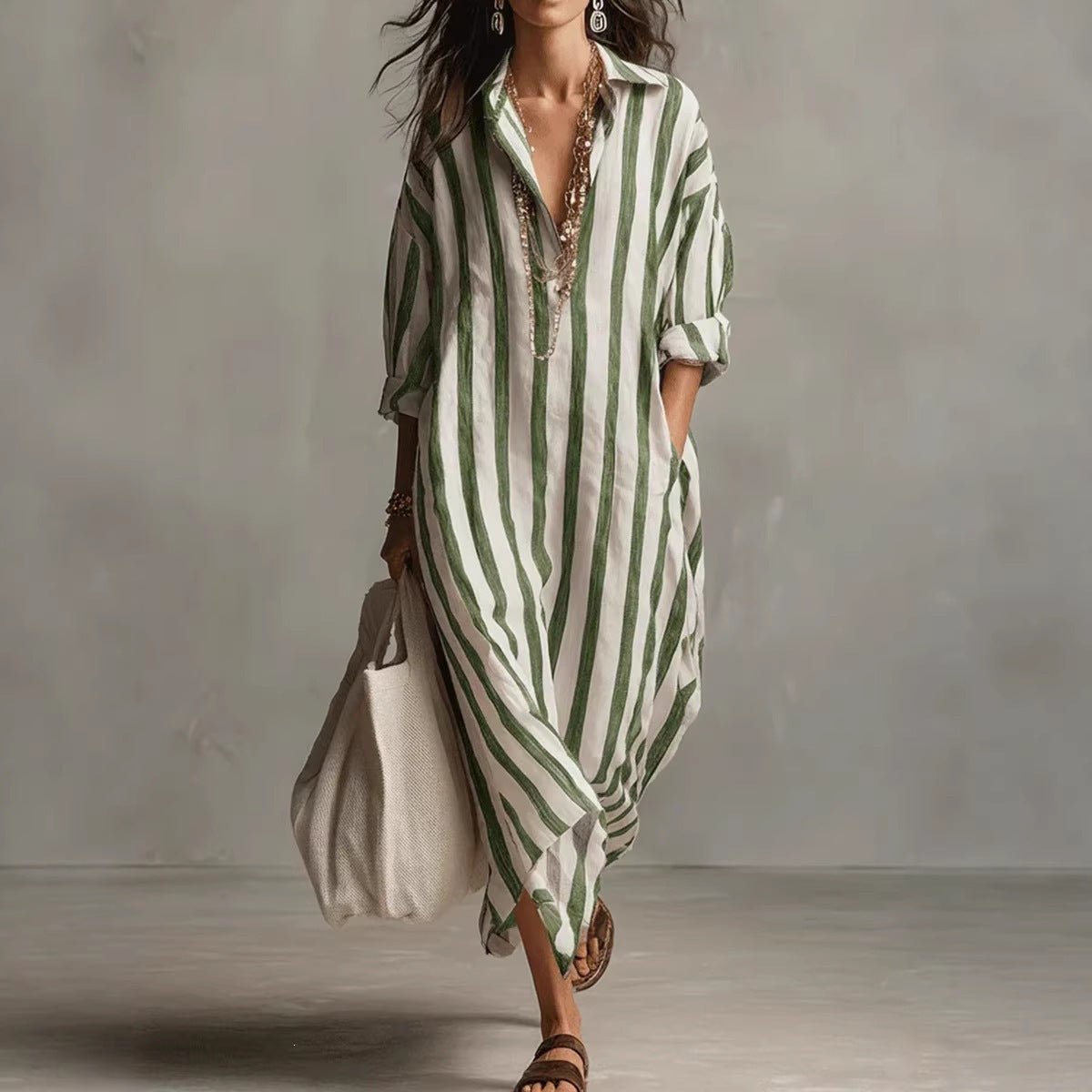 Casual Stripe Shirt Dress With V Neck And Nine Points Sleeve, Made Of Comfortable Polyester Fabric