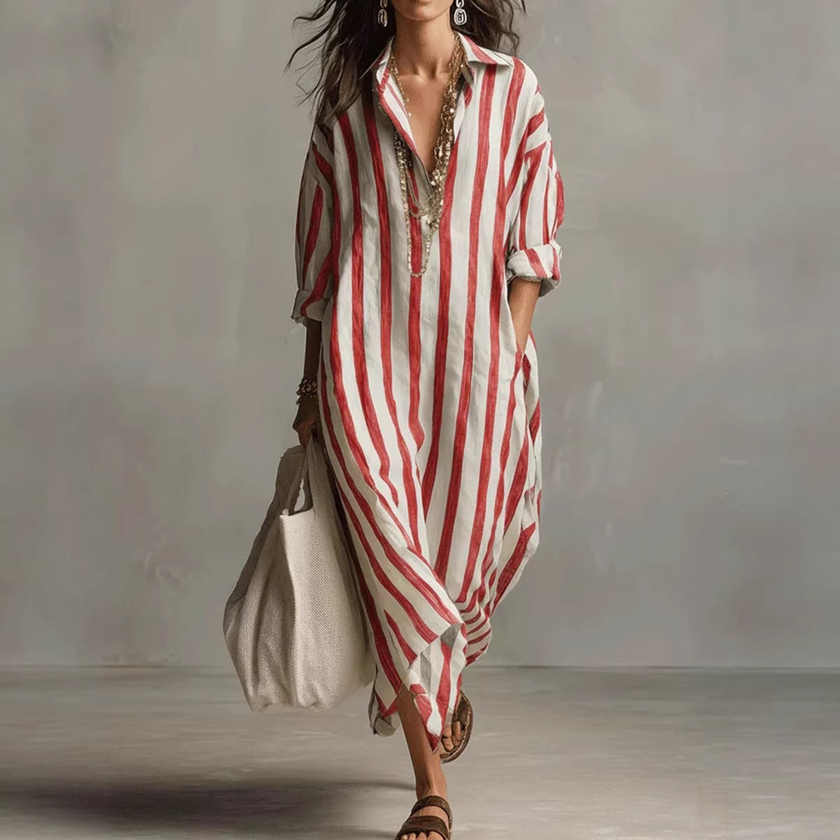 Casual Stripe Shirt Dress With V Neck And Nine Points Sleeve, Made Of Comfortable Polyester Fabric