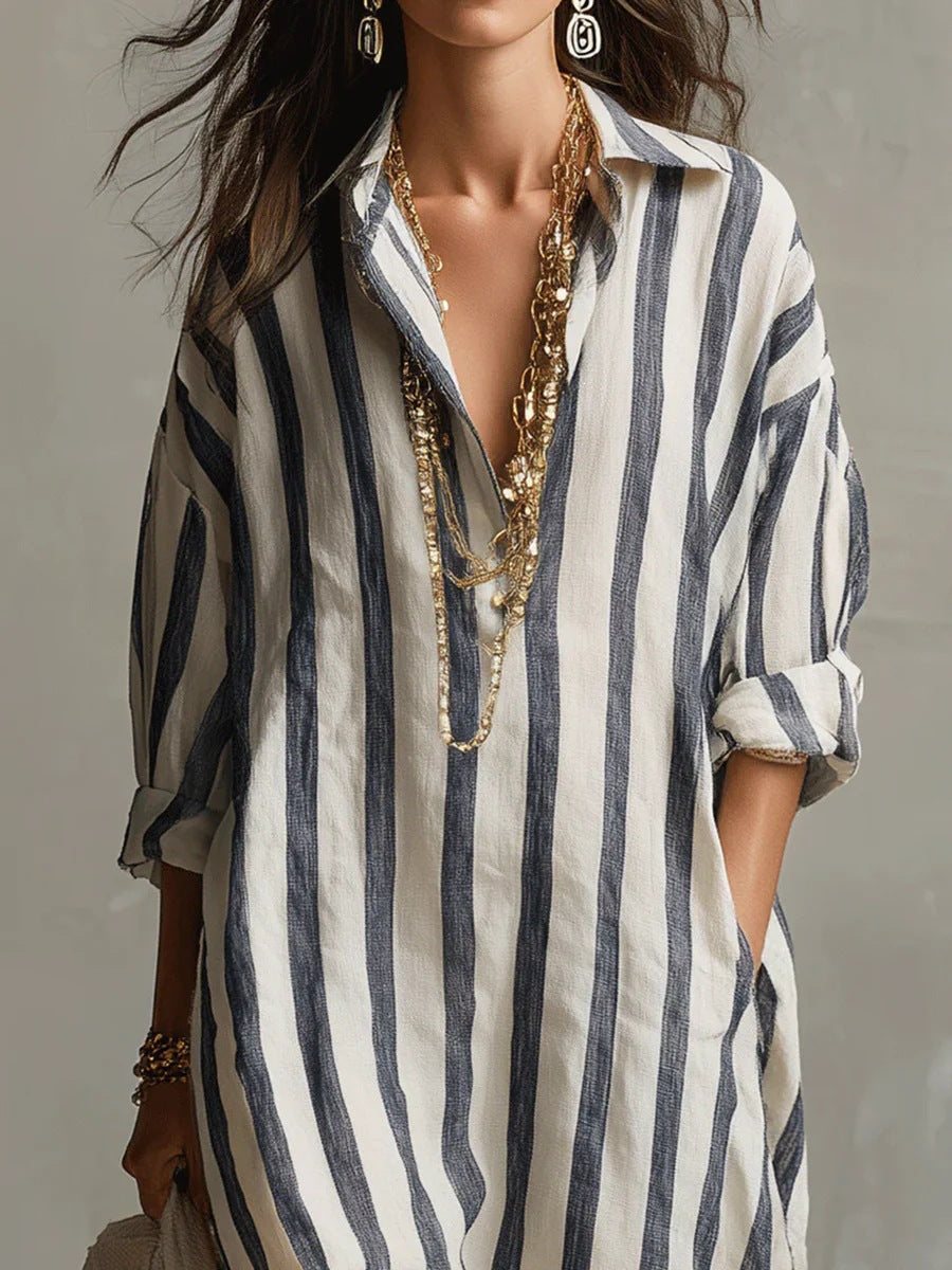Casual Stripe Shirt Dress With V Neck And Nine Points Sleeve, Made Of Comfortable Polyester Fabric