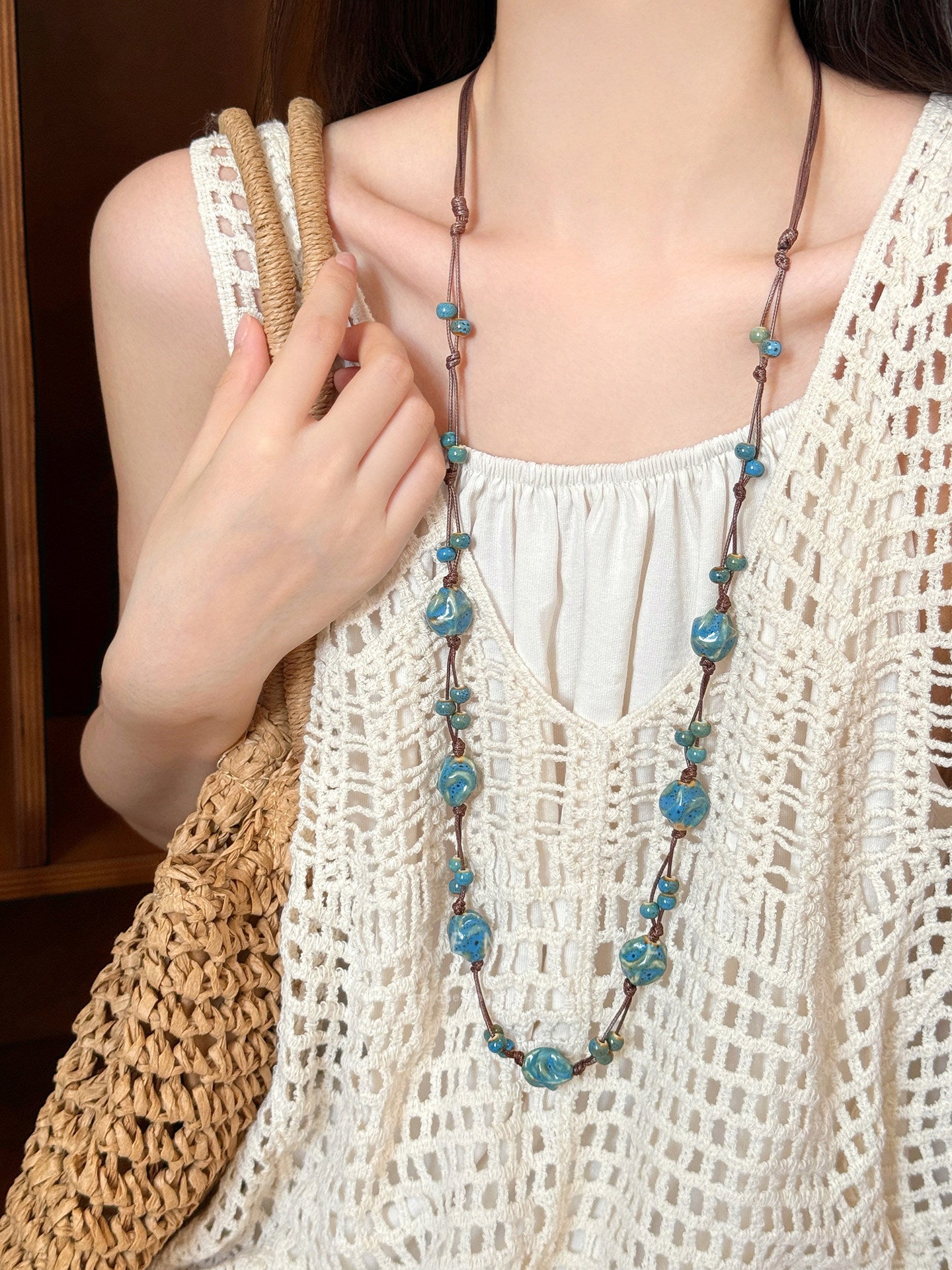 Ethnic Blue Beaded Chain Necklace For Women Featuring Ceramic Pendant In Mixed Materials