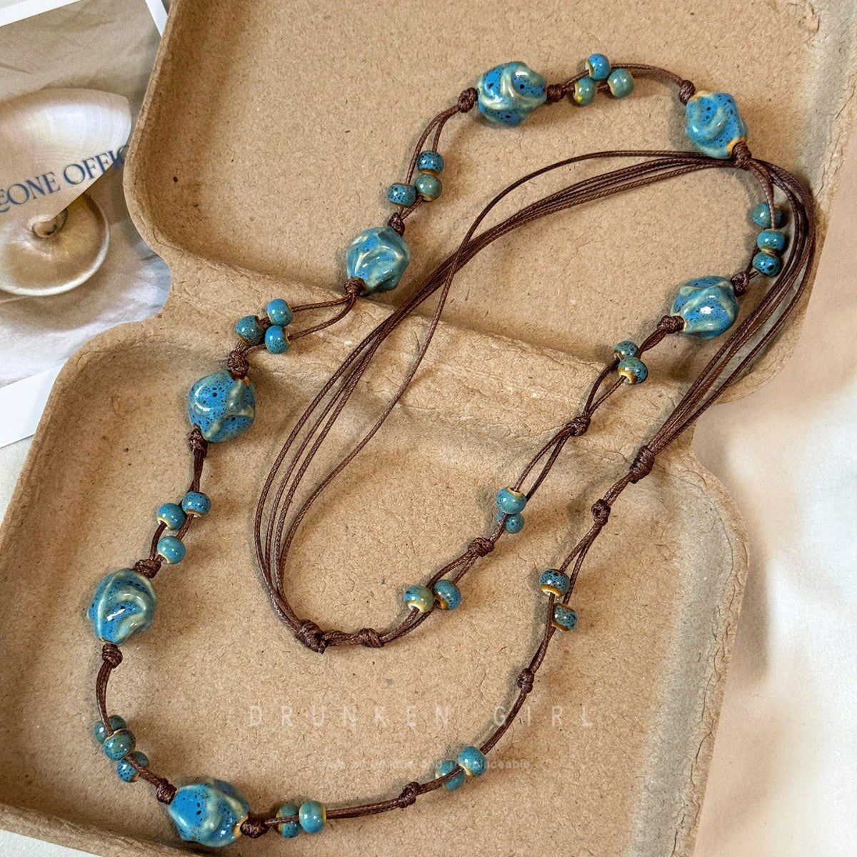 Ethnic Blue Beaded Chain Necklace For Women Featuring Ceramic Pendant In Mixed Materials