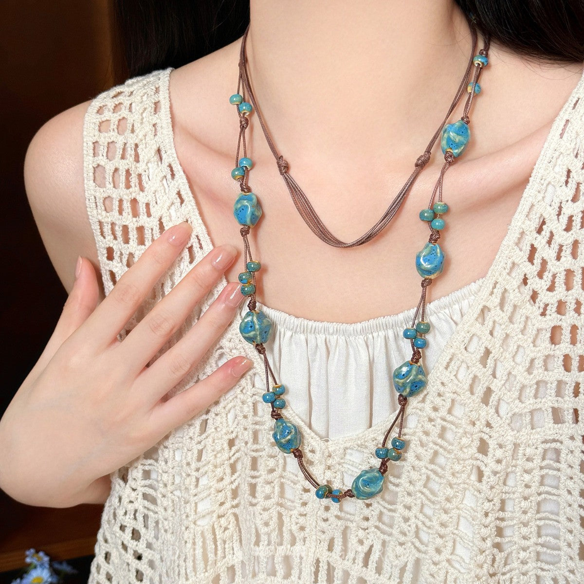 Ethnic Blue Beaded Chain Necklace For Women Featuring Ceramic Pendant In Mixed Materials