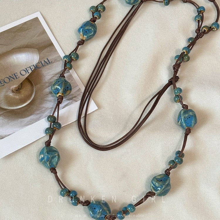 Ethnic Blue Beaded Chain Necklace For Women Featuring Ceramic Pendant In Mixed Materials