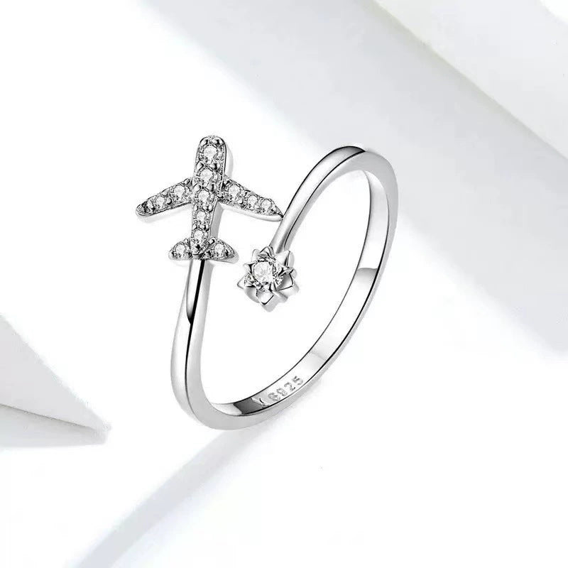 Sweet Airplane Open Ring For Women In Electroplated Copper With Rhinestone Inlay