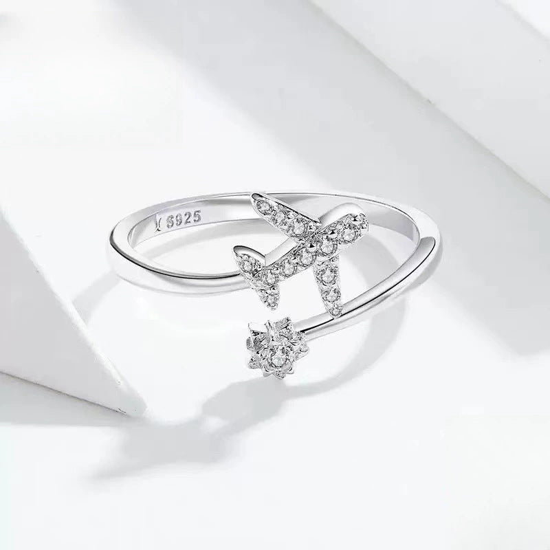 Sweet Airplane Open Ring For Women In Electroplated Copper With Rhinestone Inlay