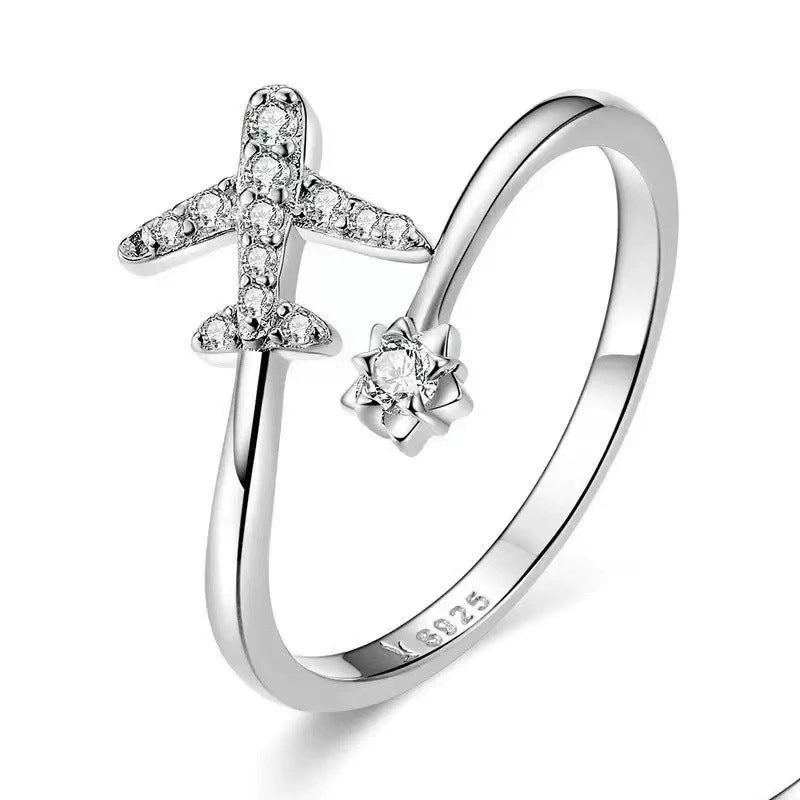 Sweet Airplane Open Ring For Women In Electroplated Copper With Rhinestone Inlay