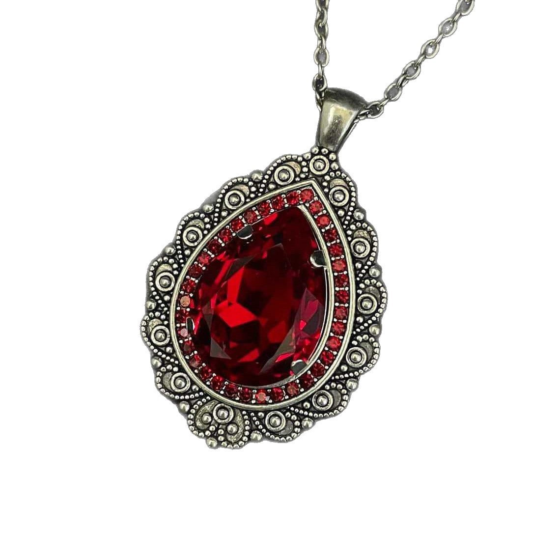 Gothic Wine Red Flowers Pendant Necklace For Women With Crystal Inlay And Alloy Cable Chain