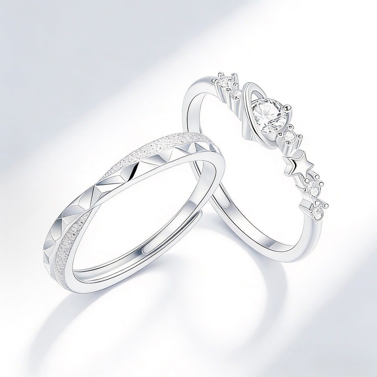 Couple Star Rings In Electroplated Copper With Rhinestone Inlay, Elegant Matching Jewelry Set