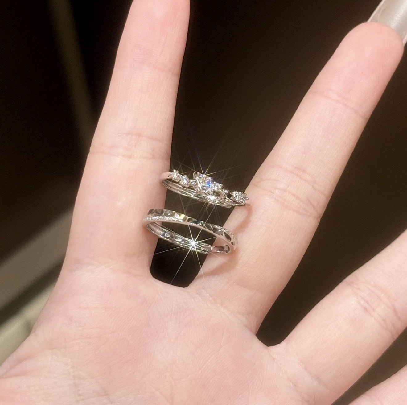 Couple Star Rings In Electroplated Copper With Rhinestone Inlay, Elegant Matching Jewelry Set