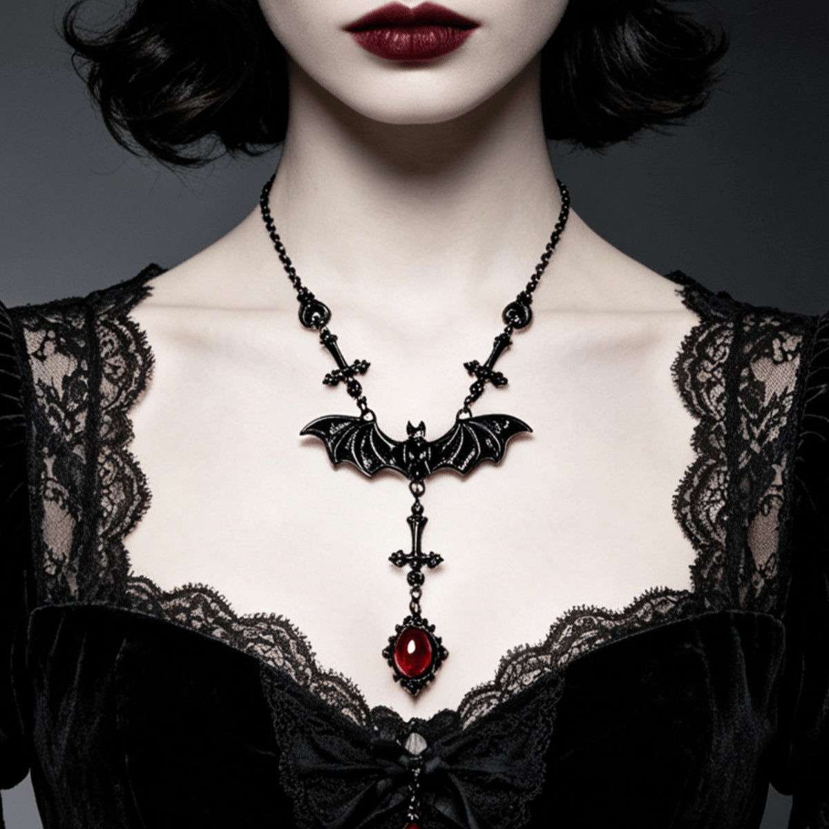 Gothic Red Bat Necklace For Women With Alloy Cable Chain And Artificial Crystal Inlay