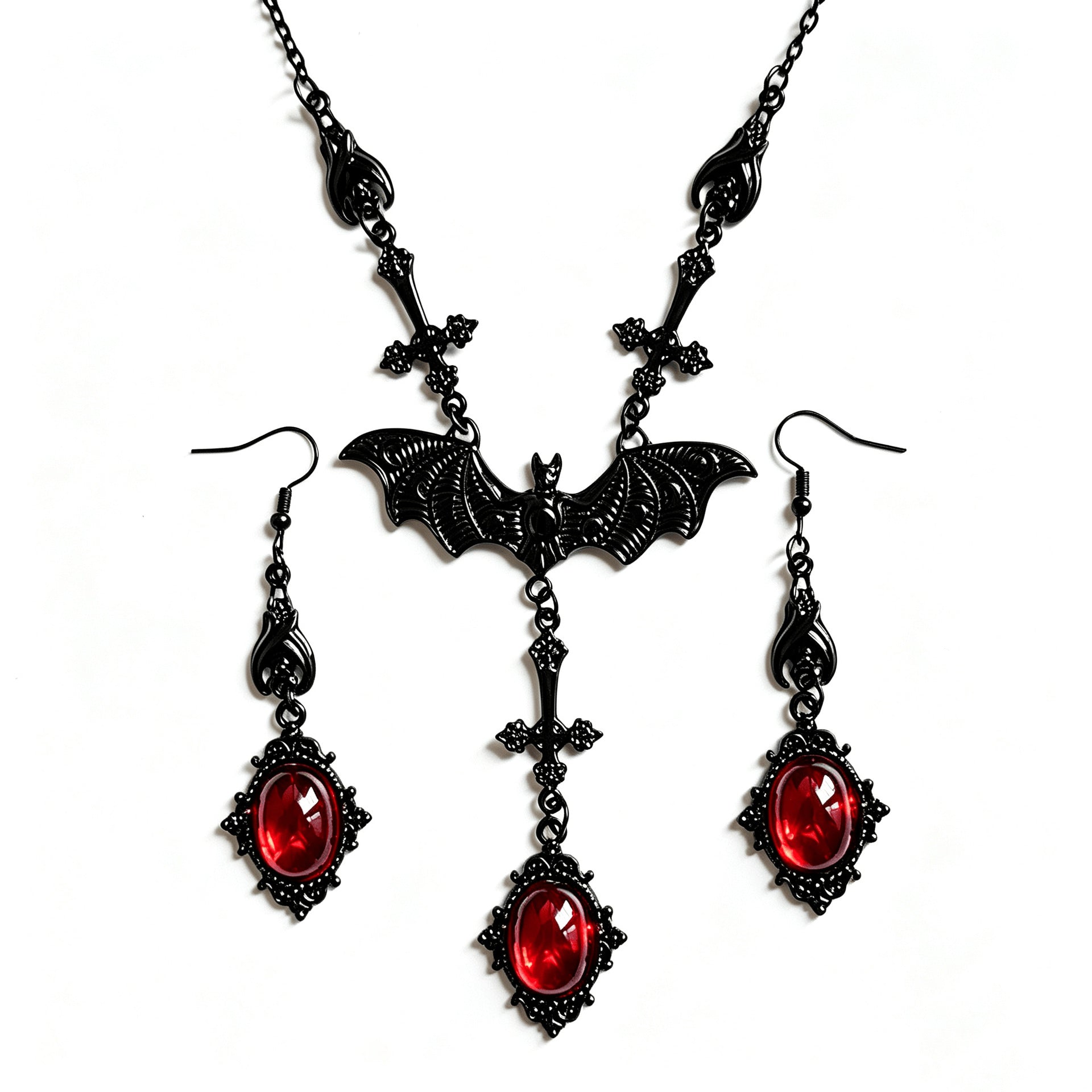 Gothic Red Bat Necklace For Women With Alloy Cable Chain And Artificial Crystal Inlay