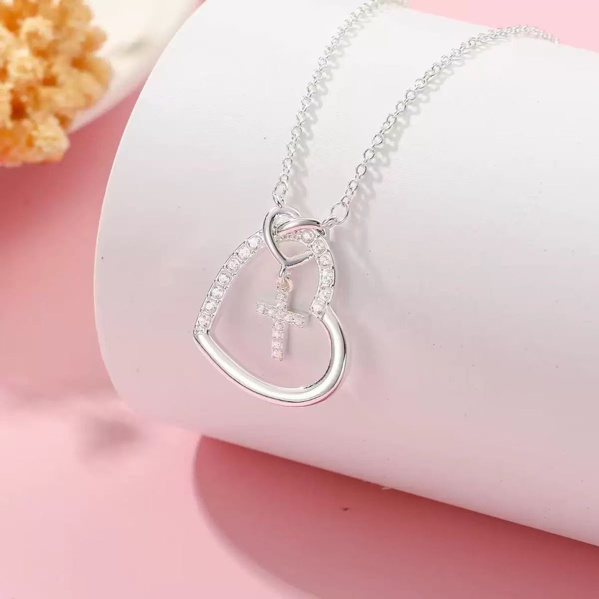 Heart Shape Pendant Necklace For Women In Real Gold Plated Brass With Zircon Inlay, 304 Stainless Steel Chain