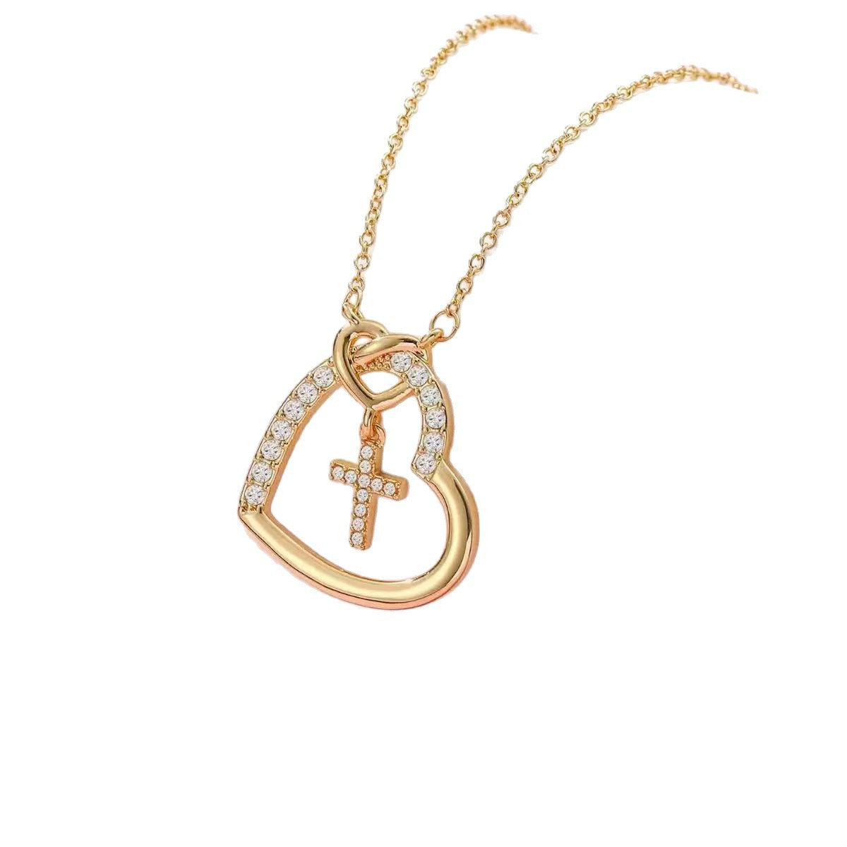 Heart Shape Pendant Necklace For Women In Real Gold Plated Brass With Zircon Inlay, 304 Stainless Steel Chain