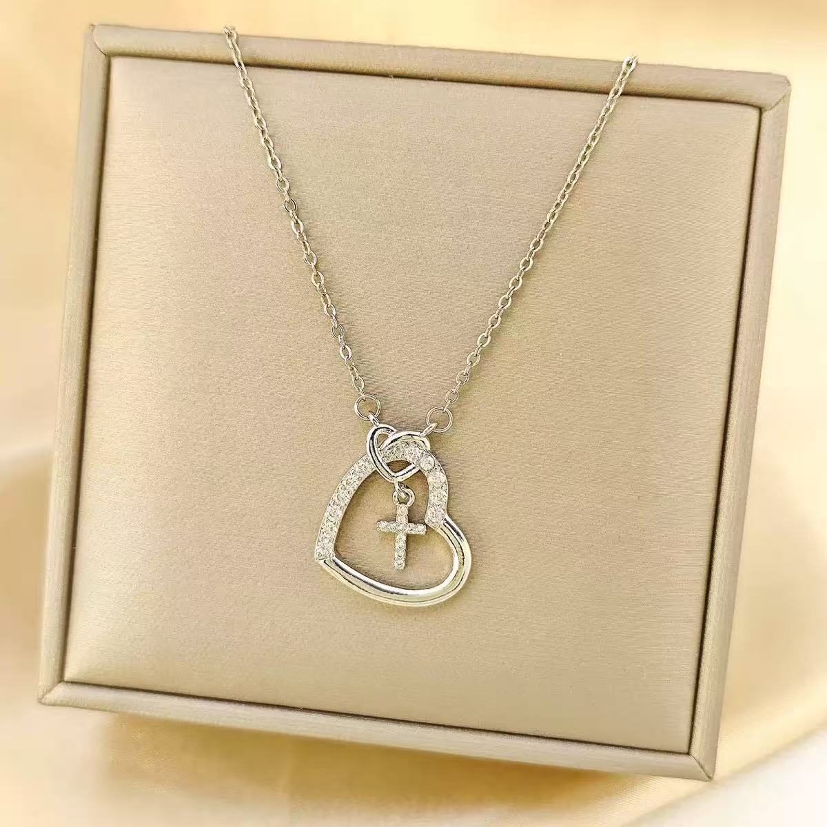 Heart Shape Pendant Necklace For Women In Real Gold Plated Brass With Zircon Inlay, 304 Stainless Steel Chain