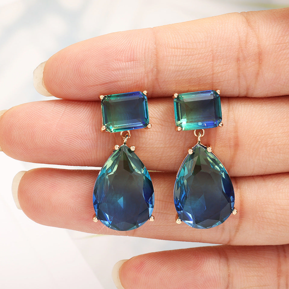 Geometric Earrings For Women In Cyan Featuring Copper Ear Pins And Zircon Inlay Material