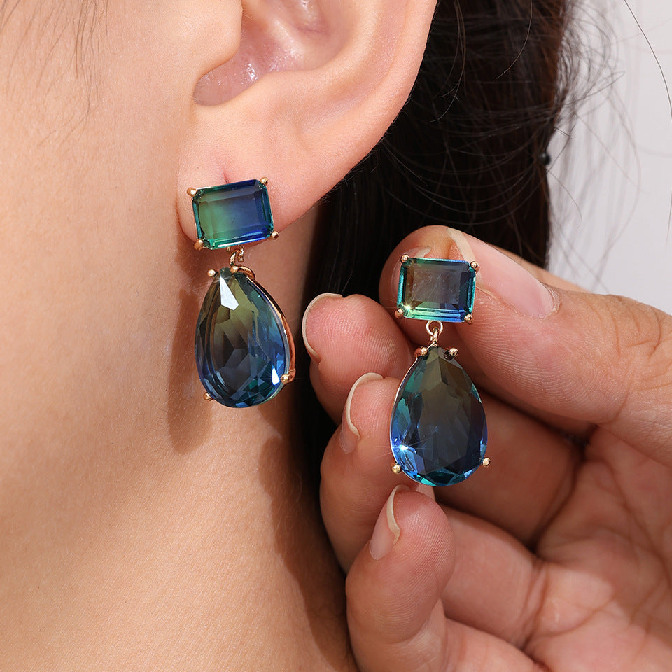Geometric Earrings For Women In Cyan Featuring Copper Ear Pins And Zircon Inlay Material