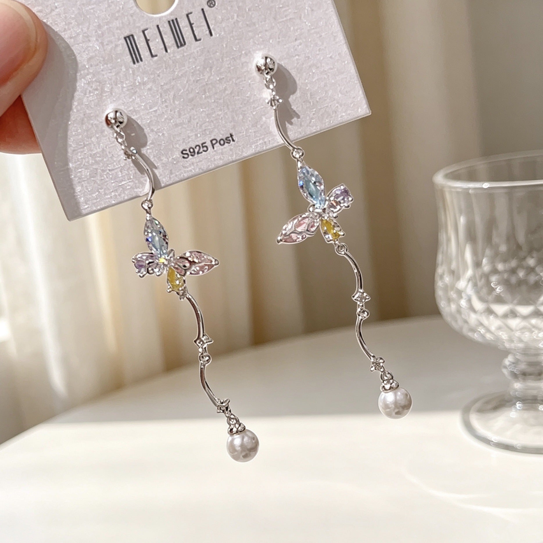 Butterfly Tassel Drop Earrings For Women In Sweet Style With 925 Sterling Silver Studs And Copper Zircon Inlay