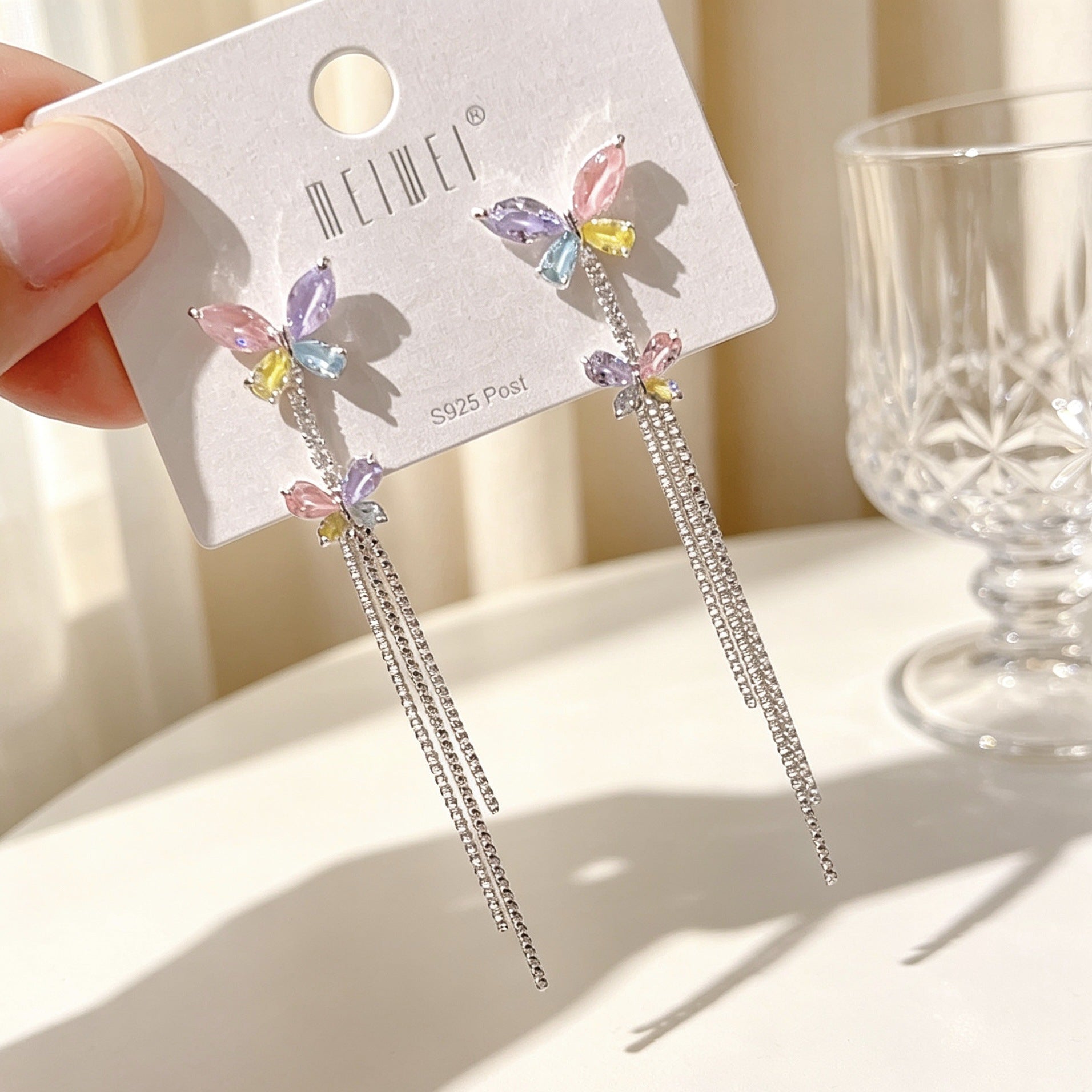 Butterfly Tassel Drop Earrings For Women In Sweet Style With 925 Sterling Silver Studs And Copper Zircon Inlay