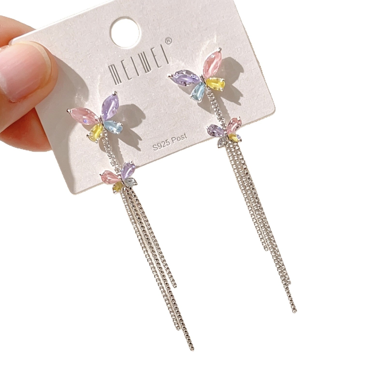 Butterfly Tassel Drop Earrings For Women In Sweet Style With 925 Sterling Silver Studs And Copper Zircon Inlay