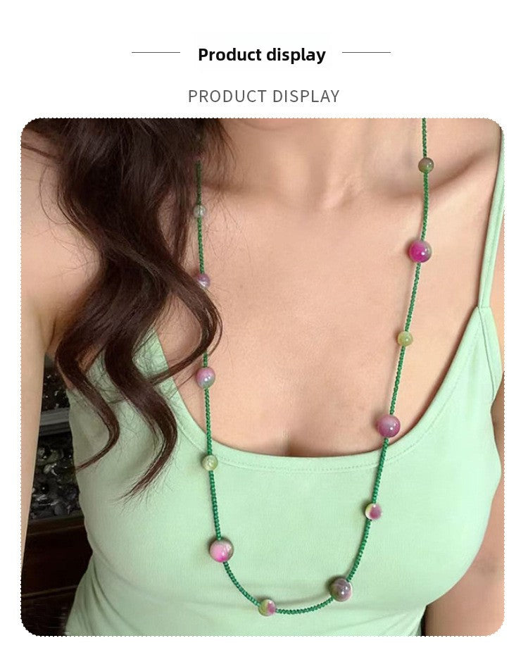 Green Color Block Seed Bead Choker Necklace With Beaded Chain And Stone Pendant For Women