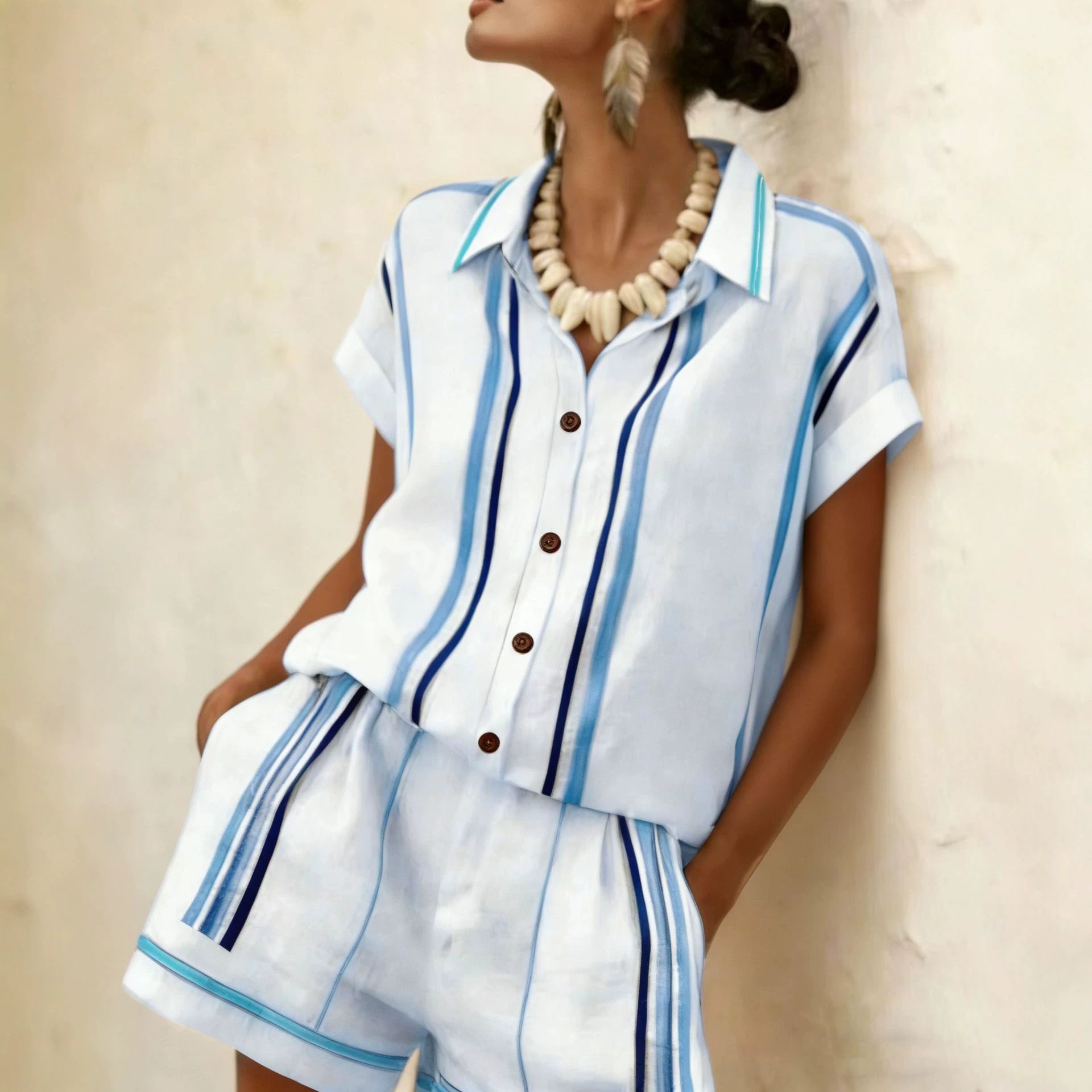 Color Block Casual Shorts Co-ord Set With Short Sleeve And Lapel In Hemp Blend Fabric, 2 Pieces Set