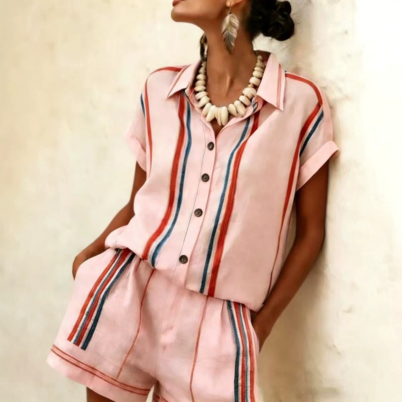 Color Block Casual Shorts Co-ord Set With Short Sleeve And Lapel In Hemp Blend Fabric, 2 Pieces Set