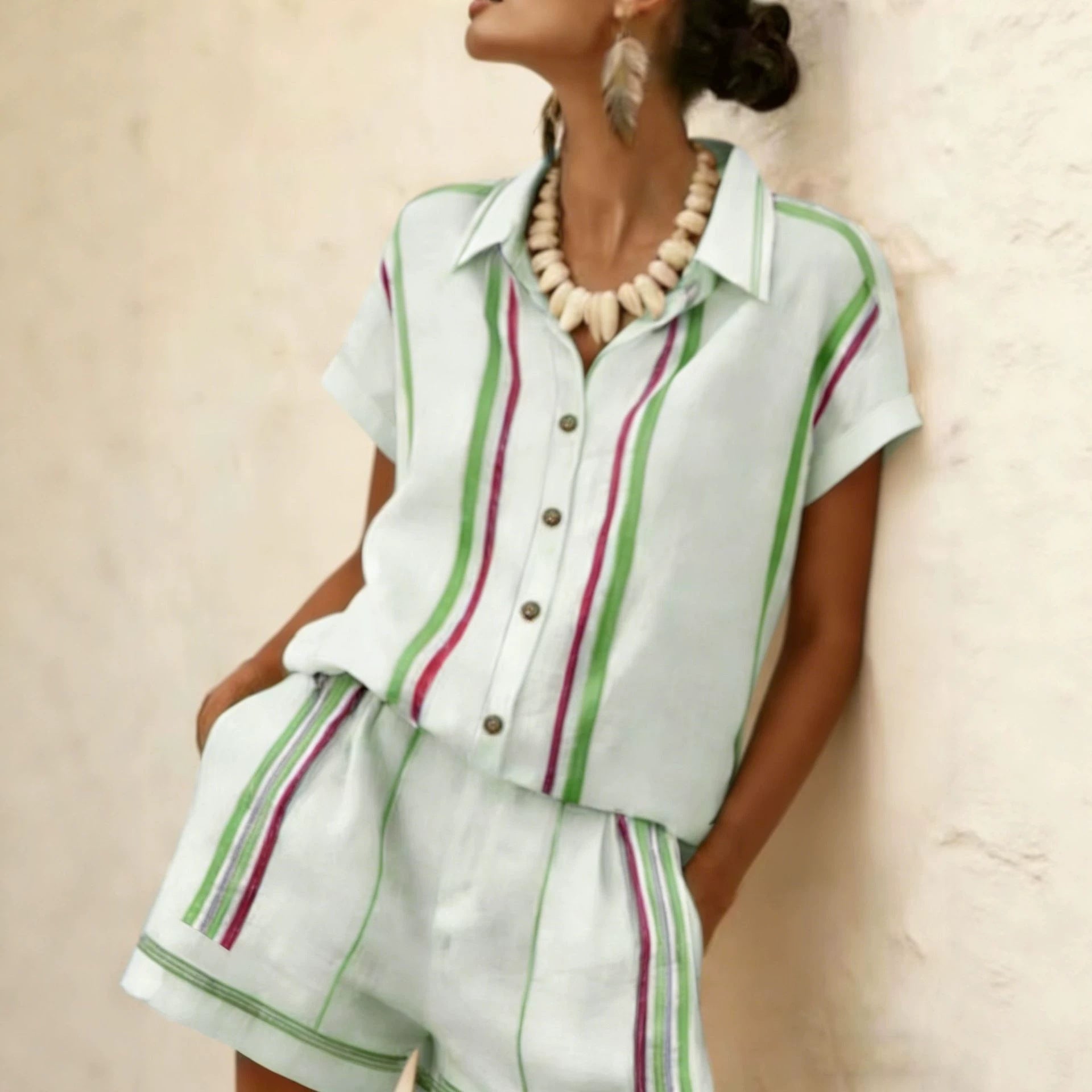 Color Block Casual Shorts Co-ord Set With Short Sleeve And Lapel In Hemp Blend Fabric, 2 Pieces Set