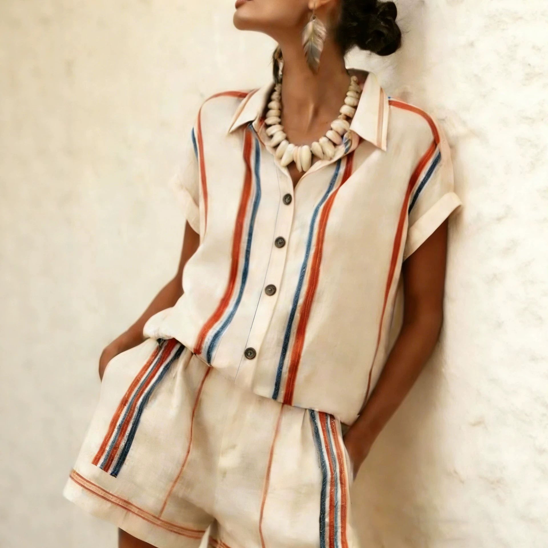 Color Block Casual Shorts Co-ord Set With Short Sleeve And Lapel In Hemp Blend Fabric, 2 Pieces Set