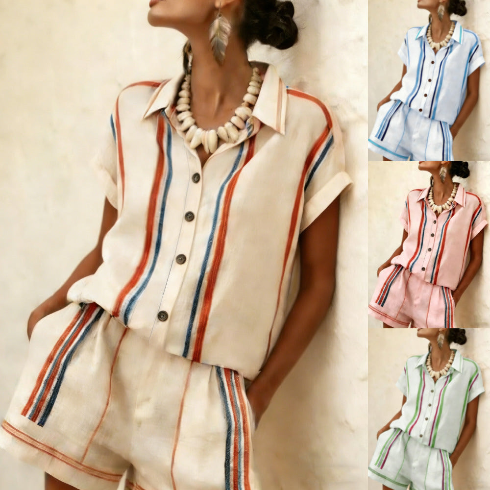 Color Block Casual Shorts Co-ord Set With Short Sleeve And Lapel In Hemp Blend Fabric, 2 Pieces Set