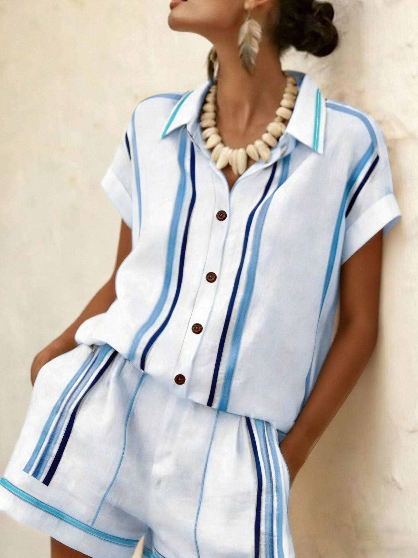 Color Block Casual Shorts Co-ord Set With Short Sleeve And Lapel In Hemp Blend Fabric, 2 Pieces Set