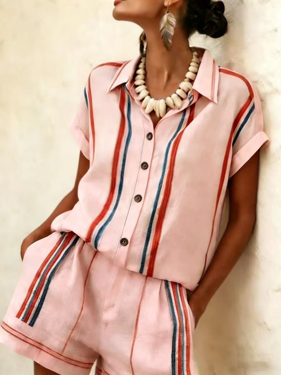 Color Block Casual Shorts Co-ord Set With Short Sleeve And Lapel In Hemp Blend Fabric, 2 Pieces Set