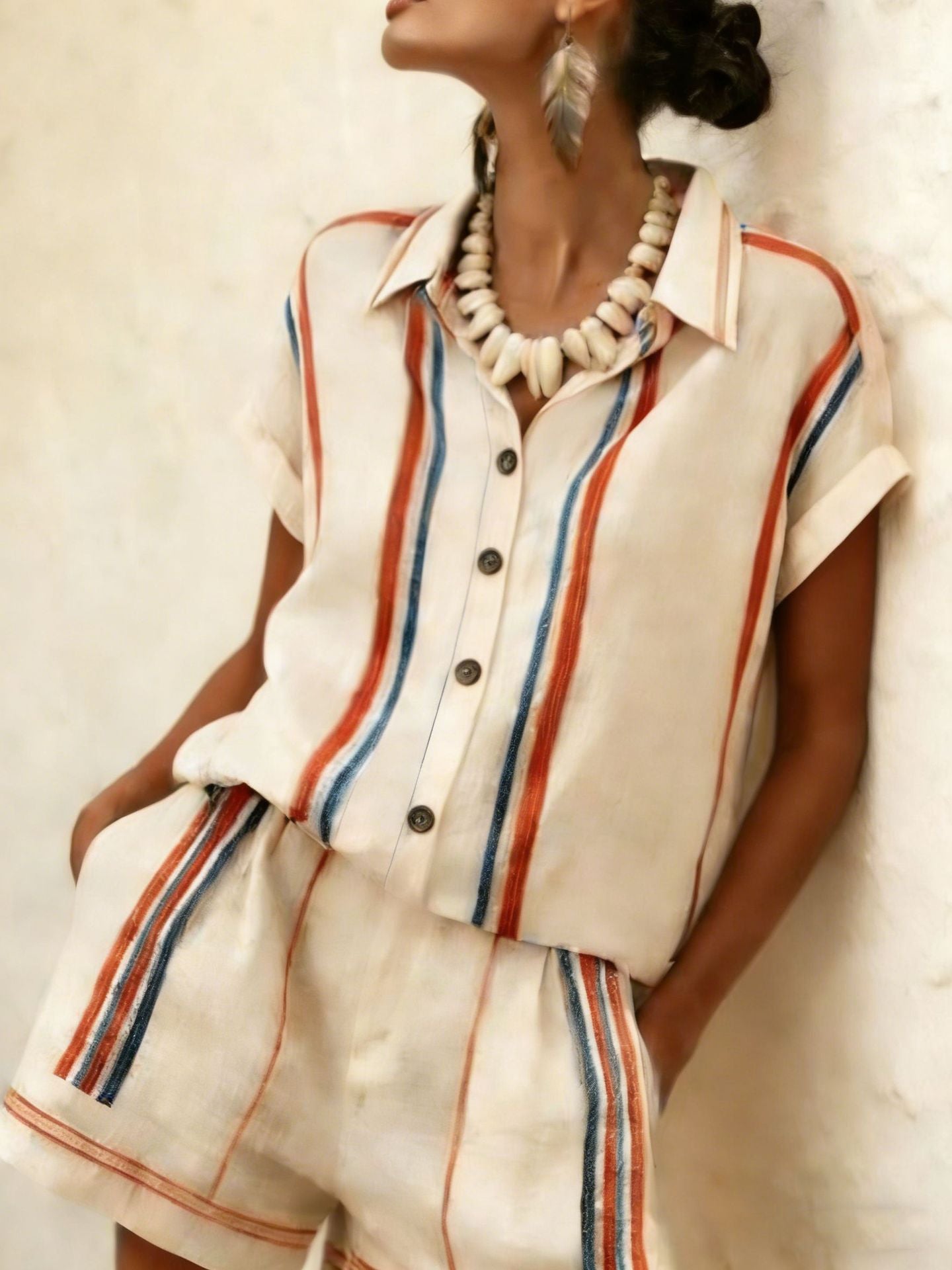 Color Block Casual Shorts Co-ord Set With Short Sleeve And Lapel In Hemp Blend Fabric, 2 Pieces Set