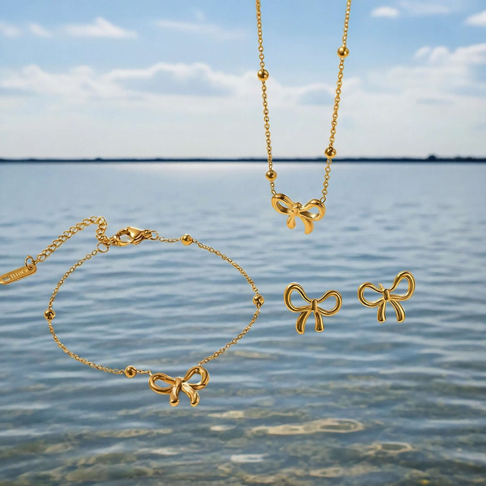 Butterfly Jewelry Set For Women With Beading Craft, 304 Stainless Steel, 18K Real Gold Plated PVD Coated Cable Chain