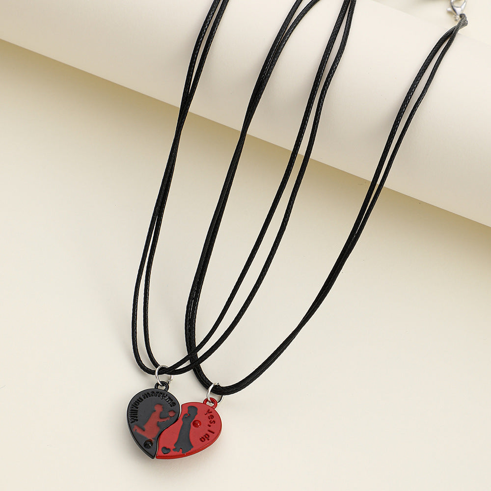 Elegant Heart Shape Necklace For Couples In Alloy With Rhinestones, Featuring Braid Craft, Perfect For Valentine's Day