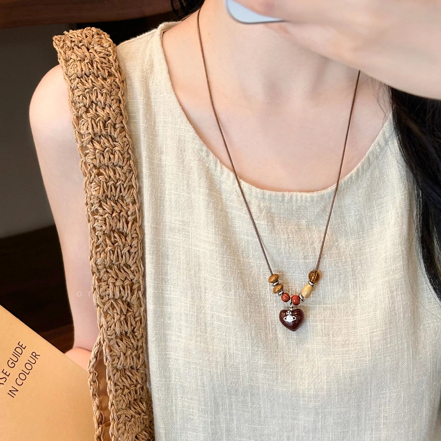Ethnic Style Pendant Necklace For Women With Wood Pendant And Beaded Chain In Mixed Materials