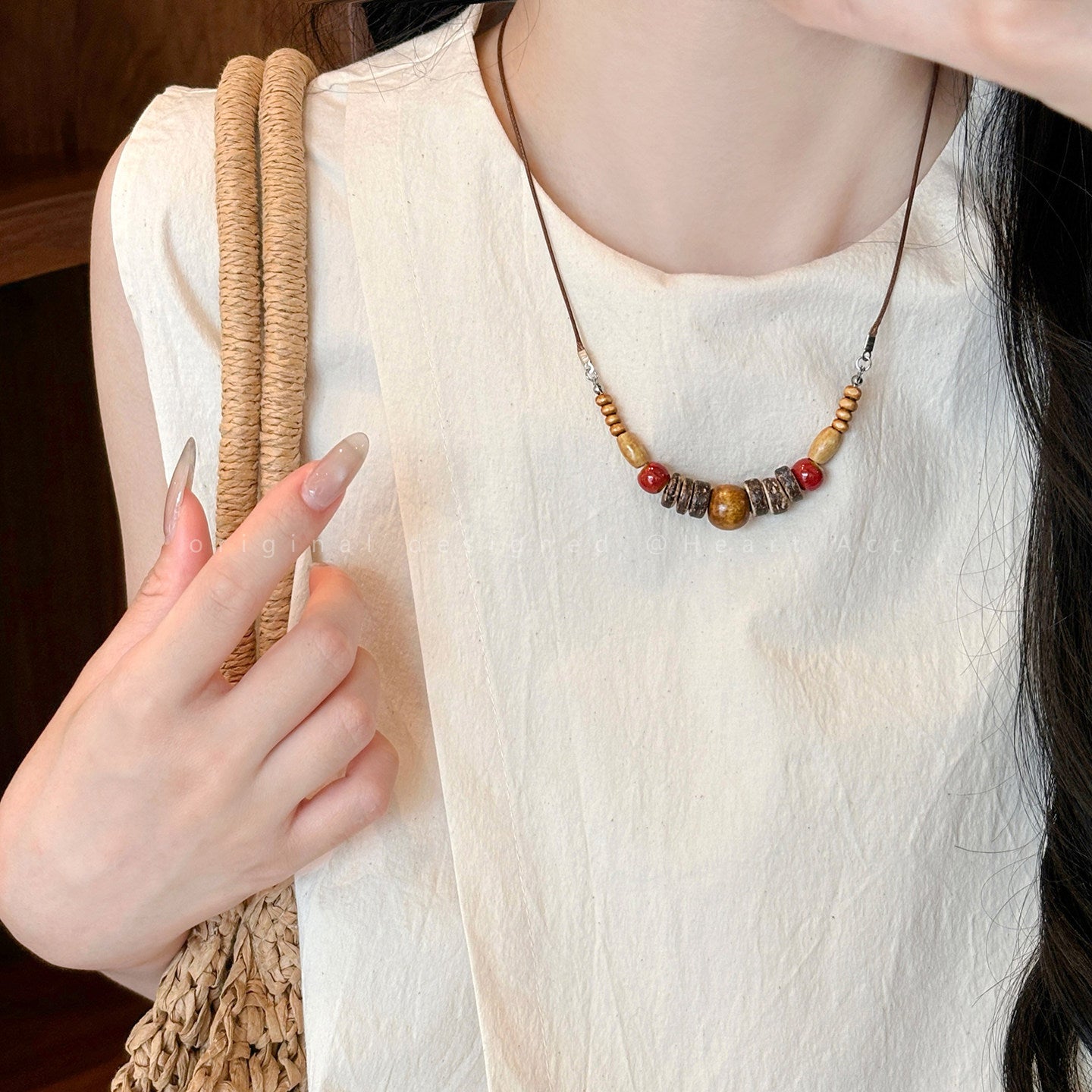 Ethnic Style Pendant Necklace For Women With Wood Pendant And Beaded Chain In Mixed Materials