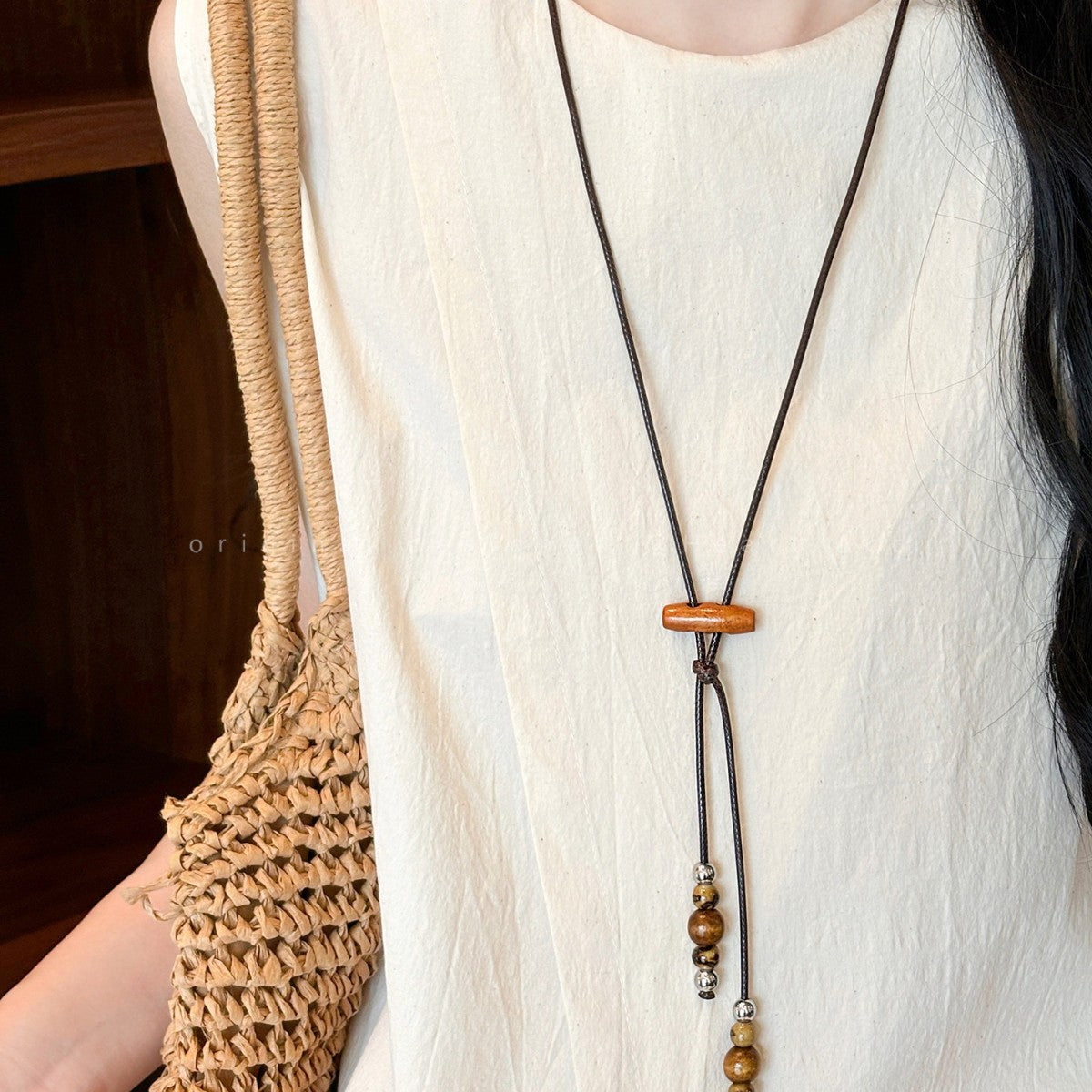 Ethnic Style Pendant Necklace For Women With Wood Pendant And Beaded Chain In Mixed Materials