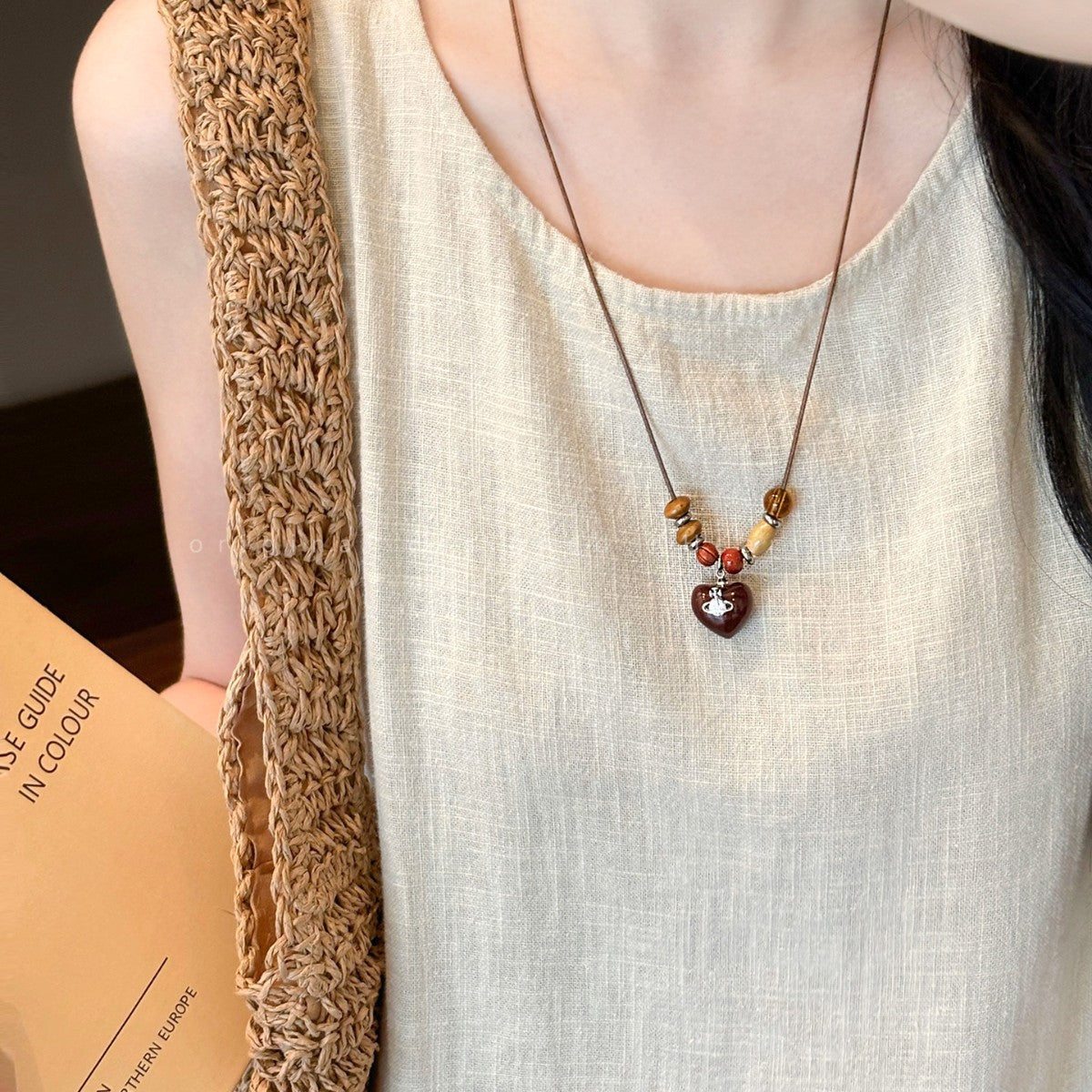 Ethnic Style Pendant Necklace For Women With Wood Pendant And Beaded Chain In Mixed Materials
