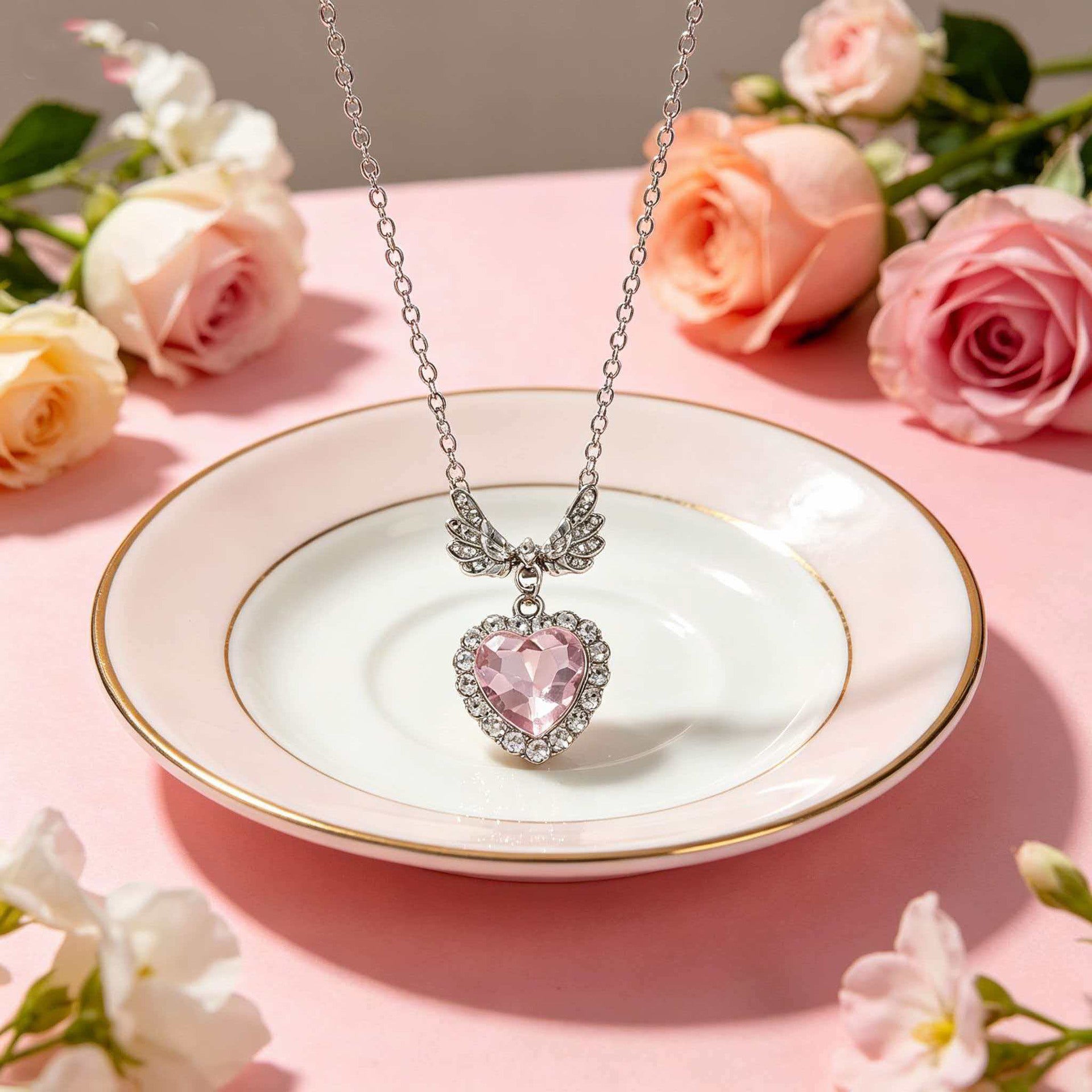 Heart Shape Natural Pink Metal Necklace With Cable Chain, Electroplated Finish, And Rhinestone Pendant