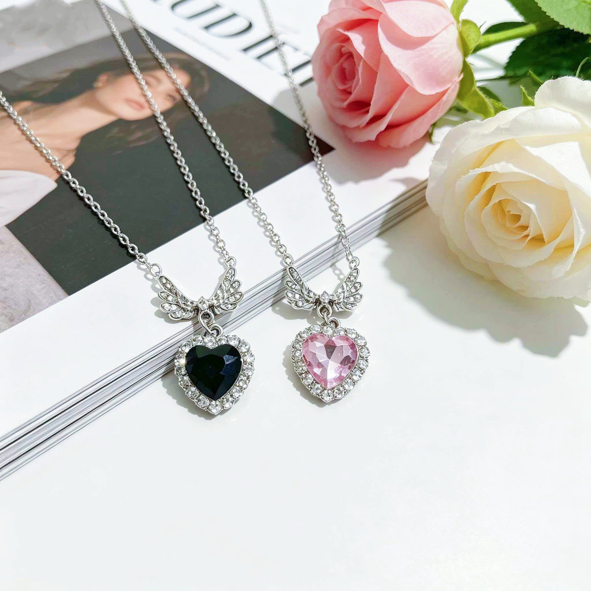 Heart Shape Natural Pink Metal Necklace With Cable Chain, Electroplated Finish, And Rhinestone Pendant