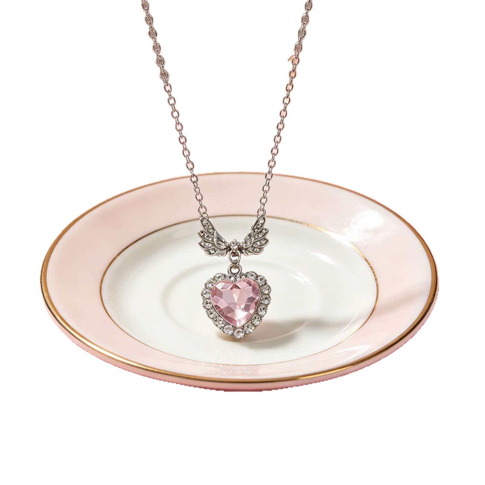Heart Shape Natural Pink Metal Necklace With Cable Chain, Electroplated Finish, And Rhinestone Pendant