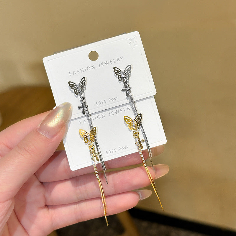 New Style Butterfly Tassel Ear Line Earrings In Real Gold Plated Copper With Rhinestone Inlay, Electroplated Finish