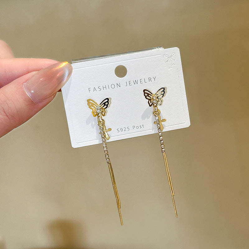 New Style Butterfly Tassel Ear Line Earrings In Real Gold Plated Copper With Rhinestone Inlay, Electroplated Finish